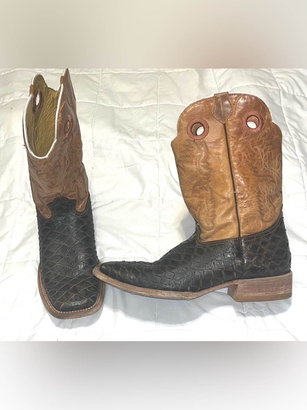 Minotauro Mens Genuine Leather Fish Print Square Toe Western Boots Brown Sz 12